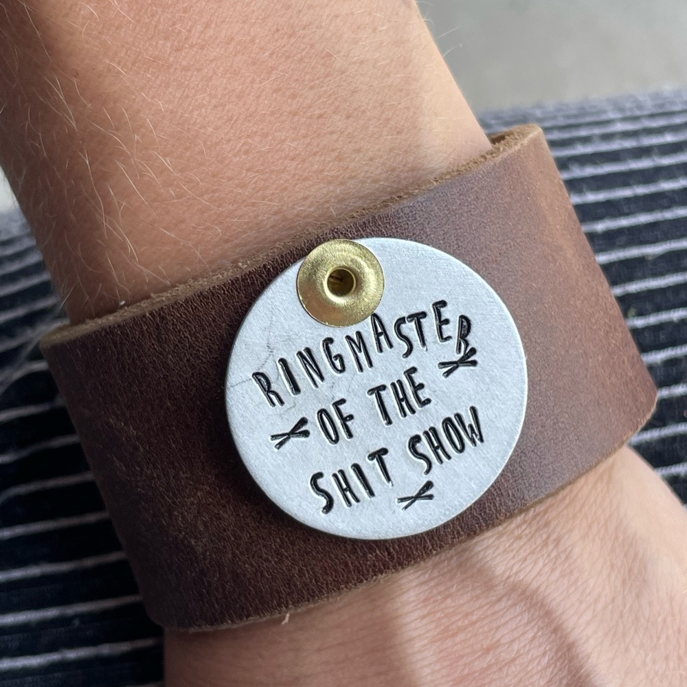 Brown Leather Wristband with silver Tag